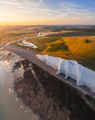 Aerial view of Seven Sisters and Cuckmere Haven beach during sunset, South Downs National Park, East Sussex, England, United Kingdom, Europe Copyright: carloxalbertoxconti 1369-185 RECORD DATE NOT STATED