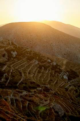 The sun sets behind a hill, casting a warm glow over terraced slopes with a network of paths or steps carved into the landscape. Folegandros Greece bola01002 Copyright: xConnectxImagesx