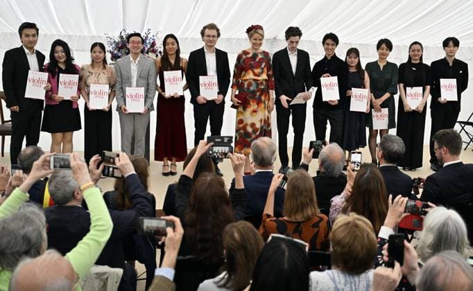 Queen Mathilde of Belgium (C) and the laureates pose for the photographer at the award ceremony of the Queen Elisabeth Violin Competition 2024, at the Queen Elisabeth Music Chapel (Chapelle Musicale Reine Elisabeth - Muziekkapel Koningin Elisabeth), in Waterloo on Tuesday 04 June 2024.  ERICxLALMAND 93955033