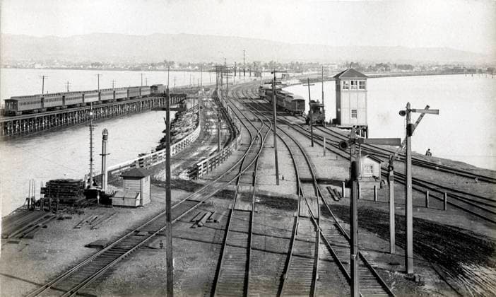 RECORD DATE NOT STATED Railroad, Oakland and pier USA 19th century vintage photograph: Railroad, Oakland and pier, USA  Copyright: Copyrightx(c)Geminix2023.xCredit:xGemini 13410417