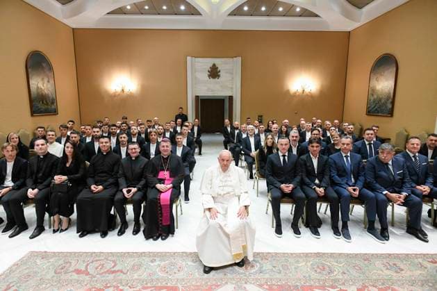 ITALY -POPE FRANCIS RECEIVES IN PRIVATE AUDIENCE CROATION NATIONAL TEAM IN THE VATICAN - 2024 6 5 NO LIBRI Italy, Rome, Vatican, 2024 6 5. Pope Francis receives in private audience Croatian national soccer team in the Vatican. Photograph by VATICAN MEDIA Catholic Press Photo VATICAN VATICAN  Copyright: xIPA ABACAx