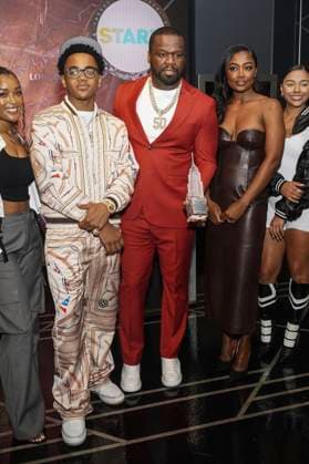 LaToya Tonodeo, Michael Rainey Jr., 50 Cent, Patina Miller und Alix Lapri beim Pressetermin zur finalen 4. Staffel der TV-Serie Power Book II: Ghost , dem Black Music Month und dem 10. Jahrestag der TV-Serie Power im Empire State Buildung. New York, 06.06.2024