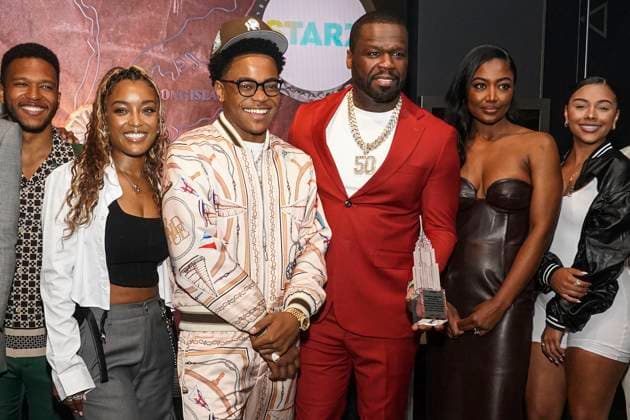 Lovell Adams-Gray, LaToya Tonodeo, Michael Rainey Jr, 50 Cent, Patina Miller und Alix Lapri beim Pressetermin zur finalen 4. Staffel der TV-Serie Power Book II: Ghost , dem Black Music Month und dem 10. Jahrestag der TV-Serie Power im Empire State Buildung. New York, 06.06.2024
