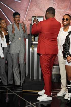LaToya Tonodeo, Caroline Chikezie, 50 Cent und Larenz Tate beim Pressetermin zur finalen 4. Staffel der TV-Serie Power Book II: Ghost , dem Black Music Month und dem 10. Jahrestag der TV-Serie Power im Empire State Buildung. New York, 06.06.2024
