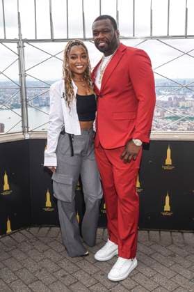 LaToya Tonodeo und 50 Cent beim Pressetermin zur finalen 4. Staffel der TV-Serie Power Book II: Ghost , dem Black Music Month und dem 10. Jahrestag der TV-Serie Power auf dem Empire State Buildung. New York, 06.06.2024