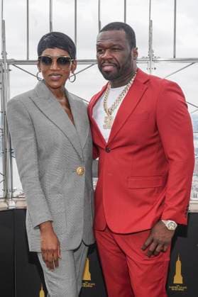 Caroline Chikezie und 50 Cent beim Pressetermin zur finalen 4. Staffel der TV-Serie Power Book II: Ghost , dem Black Music Month und dem 10. Jahrestag der TV-Serie Power auf dem Empire State Buildung. New York, 06.06.2024