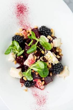 salad of blackberries, beets, seeds and cheese, side view on a white plate salad of blackberries, beets, seeds and cheese Copyright: xZoonar.com KatrinxAbakumovax 20863247