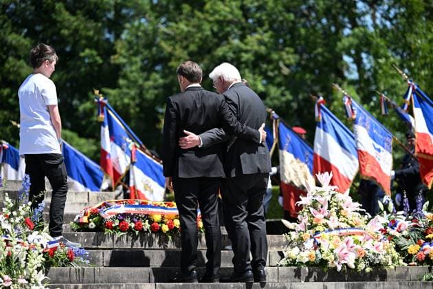 Bilder des Jahres 2024, News 06 Juni News Themen der Woche KW24 News Bilder des Tages Macron And Steinmeier On Visit In Ouradour-Sur-Glane French President Emmanuel Macron and German President Frank-Walter Steinmeier attending at the Memorial of the village of Oradour-sur-Glane, southwestern France, on June 10 2024. This year marks the 80th anniversary of the Oradour-sur-Glane massacre. On June 10, 1944, just four days after the Allied forces landed on the Normandy coast on D-Day, 643 inhabitants, including 247 children, were massacred in the tranquil village of Oradour-sur-Glane in southwestern France, by German Waffen-SS soldiers belonging to the 2nd SS Panzer Division Das Reich . Photo by Eliot Blondet ABACAPRESS.COM Ouradour-Sur-Glane France  Copyright: xBlondetxEliot ABACAx