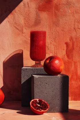 A red smoothie in a glass, a whole apple, and half a pomegranate are artfully presented against a textured orange backdrop, capturing a warm, monochromatic aesthetic. Generative AI image Model Released EduardoLopez_ID21915_641988_002 Copyright: xEduardoxLopezx RECORD DATE NOT STATED