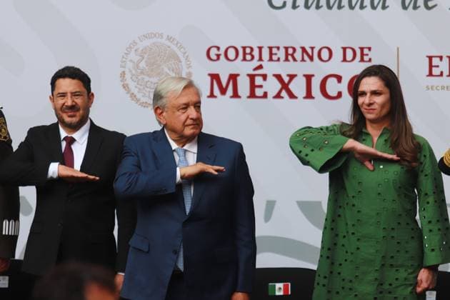 (L-R) Head of Government of Mexico City Marti Batres Guadarrama, Mexico s President Andres Manuel Lopez Obrador, Director of the National Commission of Physical Culture and Sports (CONADE) Ana Gabriela Guevara, during the flag-bearing ceremony of the Mexican delegation that will participate in the Paris 2024 Olympic Games, at the National Palace. Mexico City Mexico - ZUMAe321 20240611_zia_e321_035 Copyright: xCarlosxSantiagox