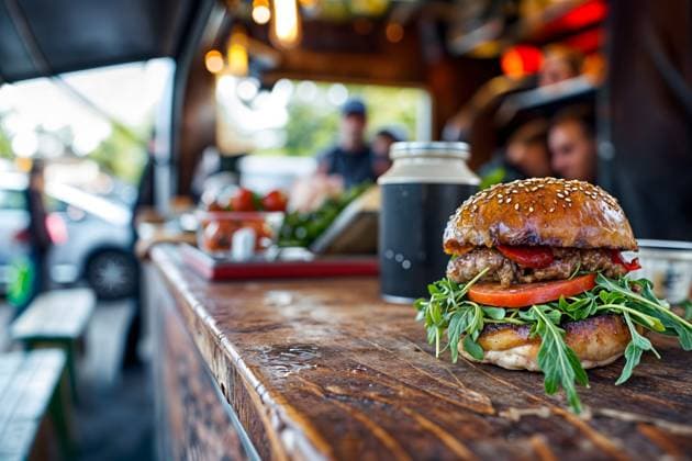 IMAGO Creative: Sommer, Sommertage im Stadtpark A tantalizing gourmet burger topped with fresh ingredients is prominently displayed on a wooden counter of a bustling food truck, illustrating the appeal of street food culture. Generative AI image Model Released IombiGarcia_ID21963_643543_003 Copyright: xIombixGarciax RECORD DATE NOT STATED