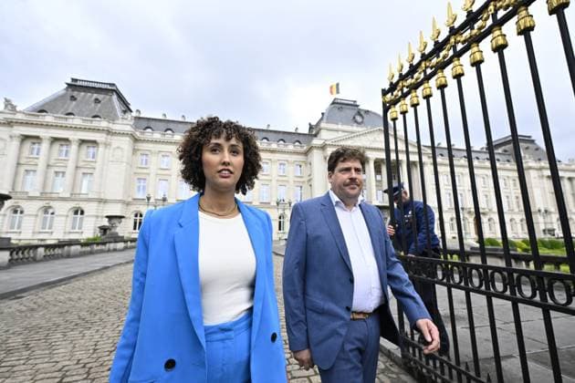 News Themen der Woche KW24 Groen co-chairwoman Nadia Naji and Groen co-chairman Jeremie Vaneeckhout leave after a meeting wit the Belgian King at the Royal Palace in Brussels on Wednesday 12 June 2024, to discuss the results of Sunday s regional, federal and European elections.  ERICxLALMAND 94408987
