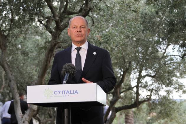 News Themen der Woche KW24 Fasano, Italien, 13.06.2024: G7-Gipfel: Der deutsche Bundeskanzler Olaf Scholz gibt ein Pressestatement im Garten der Masseria Alchimia *** Fasano, Italy, 13 06 2024 G7 Summit German Chancellor Olaf Scholz gives a press statement in the garden of Masseria Alchimia Copyright: xdtsxNachrichtenagenturx dts_39850