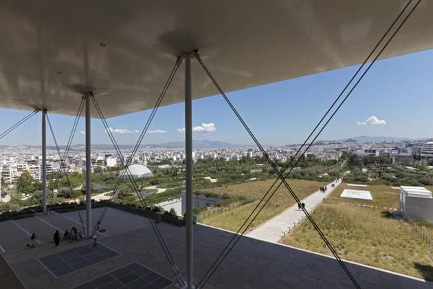 Viewing terrace with floating flat roof, view of landscape park and Athens, cultural centre of the Stavros Niarchos Foundation, architect Renzo Piano, Kallithea, Attica, Greece, Europe *** VIEWING Terrace With Floating Flat roof, View of Landscape Park and Athens, Cultural Centre of The Stavros Niarchos Foundation, Architect Renzo Piano, Kallithea, Attica, Greece, Europe Copyright: imageBROKER KarlxF.xSchöfmann iblkas10722803.jpg