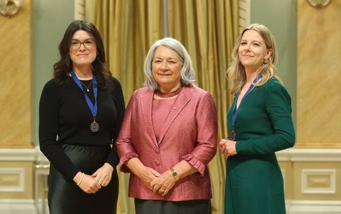 June 14, 2024, Ottawa, On, Canada: Eve Levesque, left, and Marie-Christine Noel are awarded the Michener-Deacon Fellowship by Governor General Mary Simon at the Michener Awards Ceremony at Rideau Hall in Ottawa, on Friday, June 14, 2024. Ottawa Canada  - ZUMAc35_ 20240614_zaf_c35_085 Copyright: xPatrickxDoylex