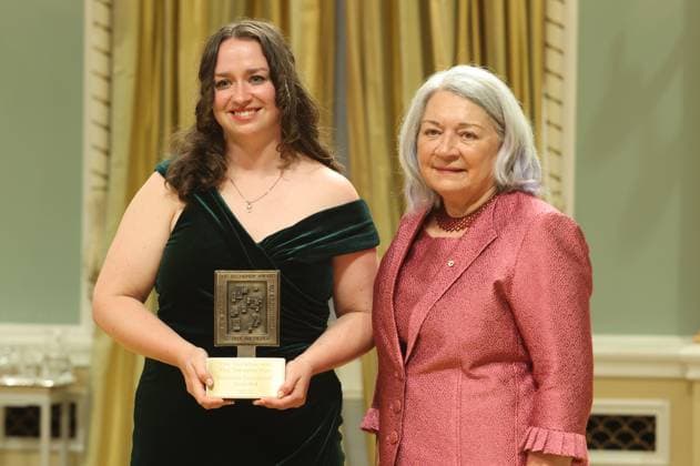 June 14, 2024, Ottawa, On, Canada: Emma McIntosh, a reporter with the Narwhal, poses for a photo with Governor General Mary Simon after receiving the 2023 Michener Award for her reporting on the Ontario Greenbelt scandal, at the Michener Awards Ceremony at Rideau Hall in Ottawa, on Friday, June 14, 2024. Ottawa Canada  - ZUMAc35_ 20240614_zaf_c35_092 Copyright: xPatrickxDoylex