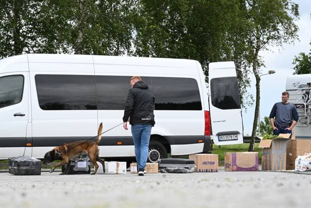 Grenzkontrolle im Anreiseverkehr zum ersten Spiel der Niederlande. Ein Spürhund schnüffelt Gepäckstücke ab. Seit den Frühen Morgenstunden des 15. Juni kontrolliert die Bundespolizeidirektion Bad Bentheim am Grenzübergang Bunderneuland den Anreiseverkehr zum Länderspiel der niederländischen Nationalmannschaft. Bunde Niedersachsen Deutschland