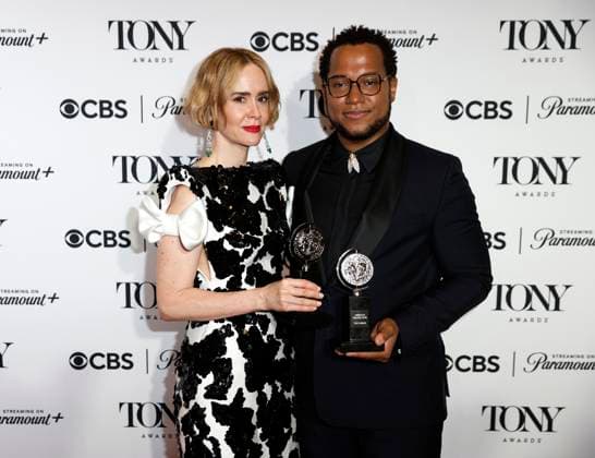 US actress Sarah Paulson, left, winner of the Lead Actress in a Play award for Appropriate , and US playwright Branden Jacobs Jenkins, winner of the Best Revival of a Play for Appropriate, hold their Tony Award in the press room at The 77th Annual Tony Awards at David H. Koch Theater at Lincoln Center for the Performing Arts on Sunday, June 16, 2024 in New York City.  NYP202406163031 PETERxFOLEY