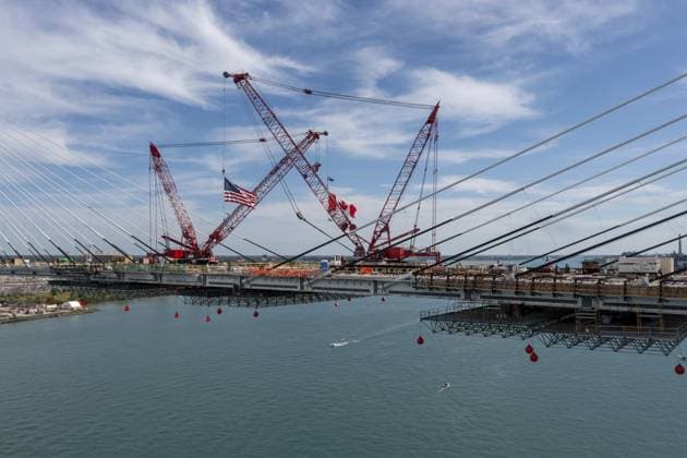 Detroit, Michigan USA -15 June 2024, The last deck section has been put in place on the Gordie Howe International Bridge, linking Detroit with Windsor, Ontario across the Detroit River. The bridge is expected to open in 2025 Copyright: imageBROKER JimxWest ibljiw10800653.jpg