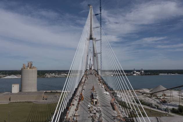 Detroit, Michigan USA -15 June 2024, The last deck section has been put in place on the Gordie Howe International Bridge, linking Detroit with Windsor, Ontario across the Detroit River. The bridge is expected to open in 2025 Copyright: imageBROKER JimxWest ibljiw10800659.jpg