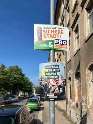 Wahlplakate der Freien Sachsen Wahlplakate der rechtsextremen Freien Sachsen in Chemnitz extreme right wing party Free Saxonians poster in Chemnitz, 8.6.2024 *** Election posters of the Free Saxonians Election posters of the extreme right wing party Free Saxonians in Chemnitz extreme right wing party Free Saxonians poster in Chemnitz, 8 6 2024