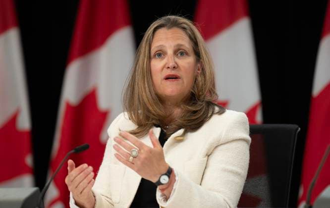 June 18, 2024, Ottawa, On, Canada: Finance Minister Chrystia Freeland speaks during a news conference in Ottawa, Tuesday, June 18, 2024. Ottawa Canada  - ZUMAc35_ 20240618_zaf_c35_046 Copyright: xAdrianxWyldx