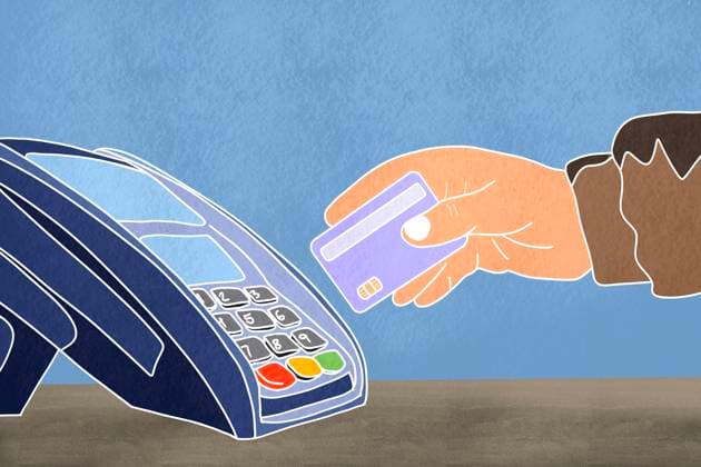 This colorful illustration depicts a hand holding a credit card near a digital payment terminal, emphasizing modern transaction methods Model Released HodeiUnzueta_ID22153_647710_001 Copyright: xHodeixUnzuetax RECORD DATE NOT STATED
