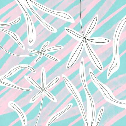 This floral illustration features simple white flower designs overlaying a soft striped pastel background Ideal for chic and modern design projects Model Released HodeiUnzueta_ID22250_650368_002 Copyright: xHodeixUnzuetax RECORD DATE NOT STATED