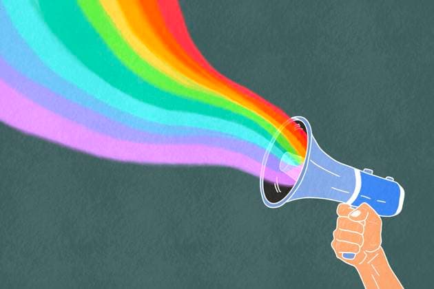 Creative Highlights Symbolbilder Illustration of a hand holding a blue megaphone from which a vibrant rainbow emerges, representing voice and visibility for Pride Day celebrations Model Released HodeiUnzueta_ID22347_652635_002 Copyright: xHodeixUnzuetax RECORD DATE NOT STATED
