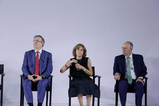 June 20, 2024, Mexico City, Mexico City, Mexico: On the left Marcelo Ebrard (now proclaimed Secretary of Economy) in the centre Rosaura Ruiz (now proclaimed Secretary of Science, Humanities, Technology and Innovation) and on the right Julio Berdeguo (now proclaimed Secretary of Agriculture and Rural Development) during the announcement of the new presidential cabinet for this new administration. Mexico City Mexico - ZUMAs310 20240620_zip_s310_014 Copyright: xLuisxExSalgadox