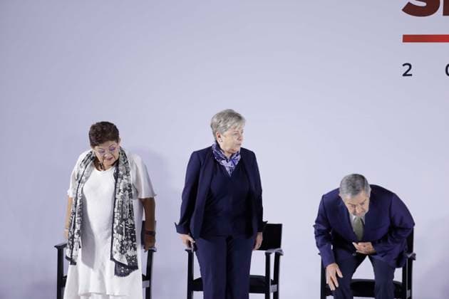 June 20, 2024, Mexico City, Mexico City, Mexico: On the left side Ernestina Godoy (now appointed Legal Advisor) in the centre Alicia Barcena (now proclaimed Secretary of Environment) and on the left Juan Ramon de la Fuente (now appointed Secretary of Foreign Affairs) during the announcement of the new presidential cabinet for this new administration. Mexico City Mexico - ZUMAs310 20240620_zip_s310_019 Copyright: xLuisxExSalgadox