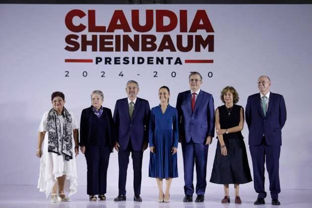 June 20, 2024, Mexico City, Mexico City, Mexico: From left to right Ernestina Godoy (Legal Advisor), Alicia Barcena (Secretary of Environment), Juan Ramon de la Fuente (Secretary of Foreign Affairs), Claudia Sheinbaum (Virtual President Elect), Marcelo Ebrard (Secretary of Economy), Rosaura Ruiz (Secretary of Science, Humanities, Technology and Innovation) and Julio Berdegue (Secretary of Agriculture), members of the Official Cabinet of the Presidency. Mexico City Mexico - ZUMAs310 20240620_zip_s310_022 Copyright: xLuisxExSalgadox