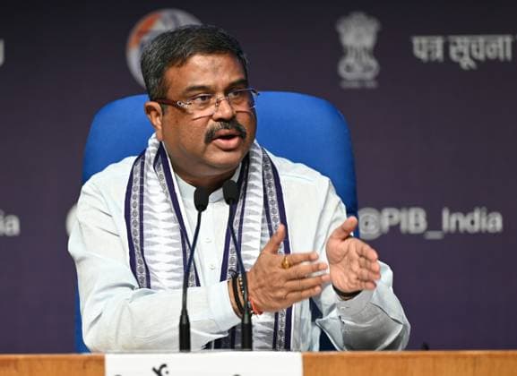 NEW DELHI, INDIA - JUNE 20: Union Education Minister Dharmendra Pradhan addresses press conference at National Media Centre, India, on Thursday, June 20, 2024. (Photo by Sanjeev Verma Hindustan Times) Press Conference Of Union Education Minister Dharmendra Pradhan