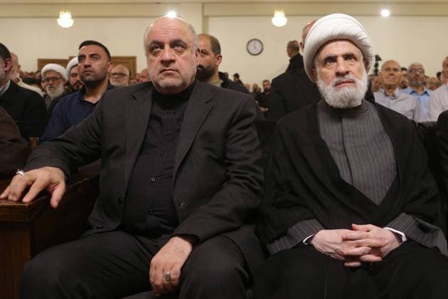 June 19, 2024, Beirut, Beirut, Lebanon: Mojtaba Amani, (L), Iranian ambassador to Lebanon and Sheikh Naim Kassem, of deputy pro-Iranian Hezbollah Secretary General Hassan Nasrallah attend with a rally to mark the one week anniversary of the assassination of pro-Iranian Hezbollah top commander Taleb Abdallah who was killed along with four other comrades by an Israeli air strike in south Lebanon. Beirut Lebanon - ZUMAn313 20240619_zip_n313_005 Copyright: xMarwanxNaamanix