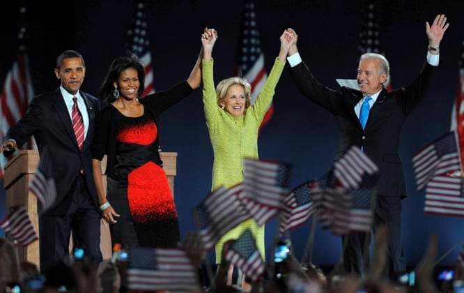 Election Victory Party American President Elect Barack Obama and his wife Michelle stand on stage with Vice President Elect Joe Biden and his wife Jill during their election night victory rally at Grant Park on November 4, 2008 in Chicago, Illinois. Picture by Dennis Van Tine,  Copyright: xDennisxVanxTinex xAvalonx 0549060080