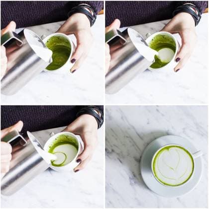 Set of making matcha tea cappuccino. Set of pouring milk in matcha tea cup for make latte art of flower shape ,model released, Symbolfoto; setzen des machend matcha Tee cappucchino setzen des einschenkend Milch in matcha Tee Tasse für machen latte Kunst des Blume Gestalt ,model released, Symbolfoto ING_33849_24496 RECORD DATE NOT STATED
