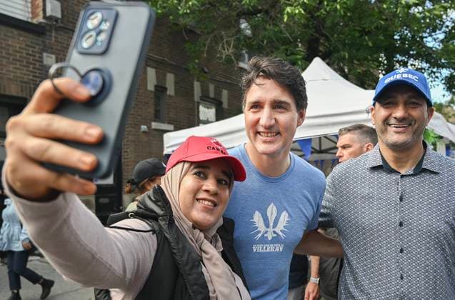 June 23, 2024, Montreal, Pq, Canada: Prime Minister Justin Trudeau, centre, poses with supporters during a FoÂªte Nationale event in Montreal, Sunday, June 23, 2024. Montreal Canada  - ZUMAc35_ 20240623_zaf_c35_023 Copyright: xGrahamxHughesx