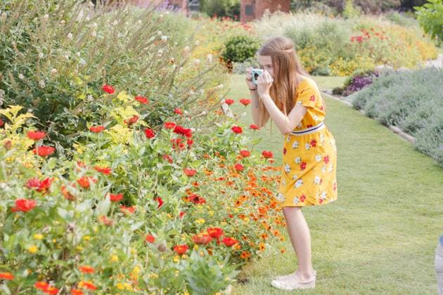 IMAGO Creative: Sommer, Sommertage im Stadtpark Girl in yellow dress photographing flowers in a vibrant garden. Oklahoma City, Oklahoma, United States R_KSRA240623D-1452781-01 ,model released, Symbolfoto