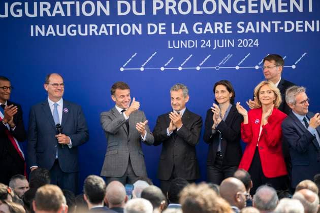 News Themen der Woche KW26 News Bilder des Tages Inauguration Of The Metro Line 14 Extension - Saint-Denis French President Emmanuel Macron reacts during the inauguration of the new Saint-Denis Pleyel metro station and the extension of the Paris metro s line 14, which runs from the north to the south of the capital, with new stations opened in time for the 2024 Summer Olympics, in Saint-Denis, near Paris, France, June 24, 2024. On stage, Mayor of Saint-Ouen Karim Bouamrane, Jean Castex, former French prime minister and president of the RATP (Parisian Autonomous Transport Administration) group, former French President Nicolas Sarkozy, French Sports, Olympic and Paralympic Games Minister Amelie Oudea-Castera, Ile-de-France s Regional Council President Valerie Pecresse. Photo by Eliot Blonde  Copyright: xBlondetxEliot ABACAx