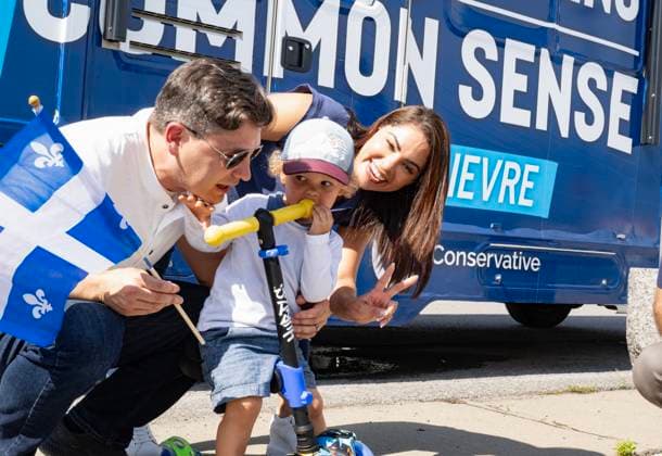 June 24, 2024, Quebec, Pq, Canada: Conservative Leader Pierre Poilievre, his wife Anaida, right and their two-year-old son Cruz before hopping on the RV touring Quebec for the Fete nationale, in Quebec City, Monday, June 24, 2024. Quebec Canada  - ZUMAc35_ 20240624_zaf_c35_034 Copyright: xJacquesxBoissinotx