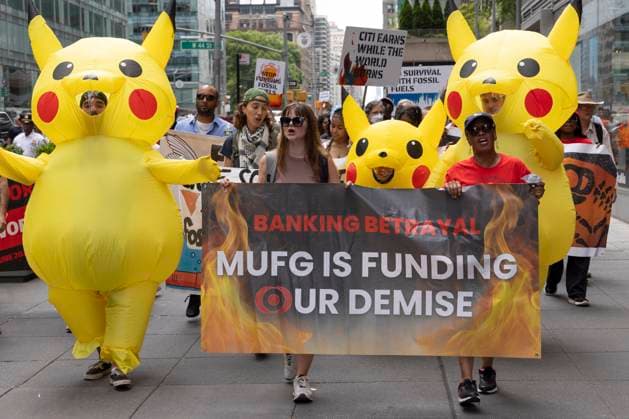 News Themen der Woche KW26 June 24, 2024, New York, New York, USA: Demonstrators in Pikachu costumes join protesters holding a banner that reads BANKING BETRAYAL MUFG IS FUNDING DEMISE as they march to Japanese bank MUFG in midtown. Gulf South climate justice advocates are in New York to protest at the headquarters of the banks and investment firms financing the expansion of fossil fuels and petrochemicals in their communities. New York USA - ZUMAr174 20240624_znp_r174_026 Copyright: xGinaxMxRandazzox