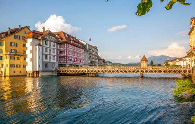 Historic town Lucerne and Chapel bridge with water tower in Switzerland, MAMF03205