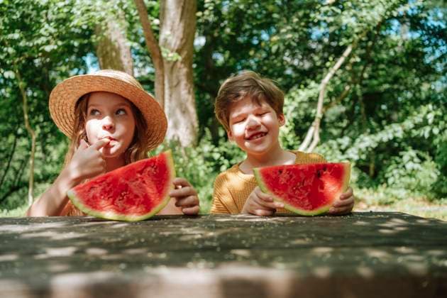Creative Highlights Symbolbilder Boy and girl enjoying watermelon in summer model released, Symbolfoto, MDOF02547