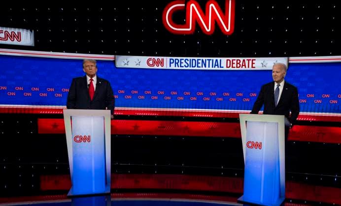 June 27, 2024 - Atlanta, Georgia, U.S.A. - President JOE BIDEN and former President DONALD TRUMP are photographed during a commercial break at the CNN Presidential Debate, the first of two debates between the major party candidates in the 2024 election cycle. Atlanta U.S.A - ZUMAce6_ 20240627_zaf_ce6_006 Copyright: xBrianxCahnx