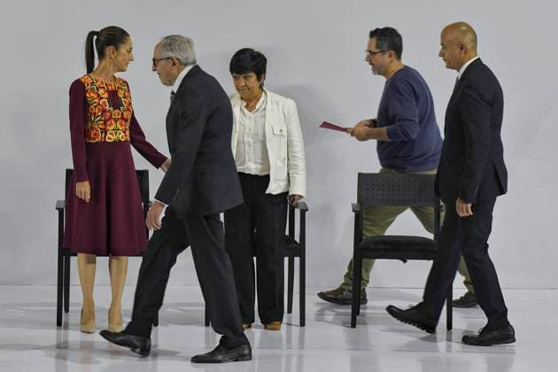 June 27, 2024, Mexico, Mexico, USA: (L-R) David Kershenobich, Raquel Buenrostro, Luz Elena Gonzalez Escobar, incoming President of Mexico Claudia Sheinbaum Pardo, Edna Elena Vega, Jesoºs Antonio Esteva pose during the presentation of the second part of the government cabinet of Claudia Sheinbaum Pardo on Thursday June 27, 2024 in Mexico City, at Museo Interactivo de EconomoÂa (MIDE) in Mexico City. OCTAVIO GOMEZ PINA PI Mexico USA - ZUMAp124 20240627_zaa_p124_001 Copyright: xOctavioxGomezxPinax