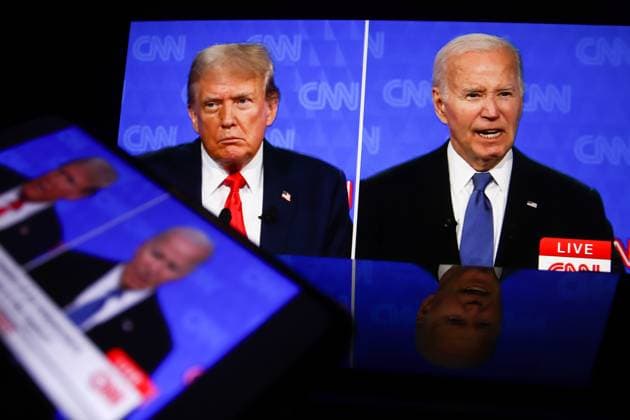 June 28, 2024, Atlanta, United States: This photo taken from a screen shows the first presidential debate between US President Joe Biden and former President Donald Trump in the CNN studio in Atlanta. The first pre-election debate between current US President Joe Biden and Republican presidential candidate Donald Trump will be held on June 27 without spectators or reporters in the CNN studio in Atlanta. Atlanta United States - ZUMAs197 20240628_aaa_s197_025 Copyright: xArtemxPriakhinx