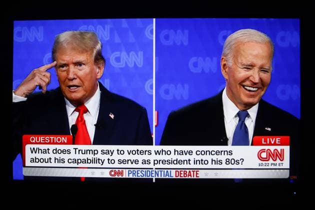 June 28, 2024, Atlanta, United States: This photo taken from a screen shows the first presidential debate between US President Joe Biden and former President Donald Trump in the CNN studio in Atlanta. The first pre-election debate between current US President Joe Biden and Republican presidential candidate Donald Trump will be held on June 27 without spectators or reporters in the CNN studio in Atlanta. Atlanta USA - ZUMAs197 20240628_aaa_s197_021 Copyright: xArtemxPriakhinx