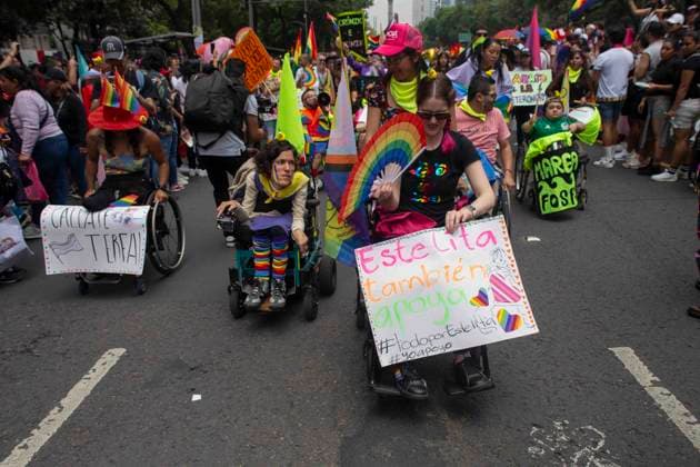 June 29, 2024, Mexico City, Mexico City, Mexico: Congregation of disabled people who attended the LGBT+ Pride March held on Paseo de la Reforma, one of the most important streets of the city. Mexico City Mexico - ZUMAs310 20240629_zip_s310_016 Copyright: xLuisxExSalgadox
