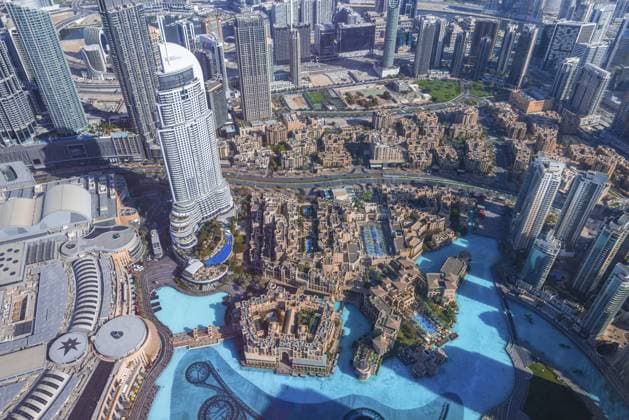 UAE, Dubai panoramic skyline view from Burj Khalifa of city downtown and Dubai Mall *** UAE, Dubai Panoramic Skyline View from Burj Khalifa of City Downtown and Dubai Mall Copyright: imageBROKER elov ibxelo10900275.jpg RECORD DATE NOT STATED