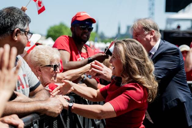 July 1, 2024, Ottawa, On, Canada: Minister of Finance and Deputy Prime Minister Chrystia Freeland greets guests during Canada Day celebrations at LeBreton Flats in Ottawa, on Monday, July 1, 2024. Ottawa Canada  - ZUMAc35_ 20240701_zaf_c35_035 Copyright: xSpencerxColbyx